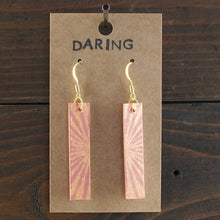Load image into Gallery viewer, Lightweight, rectangle dangle earrings. Handmade and hand painted in coral and gold. Sunburst inspired design. Made from recycled paper.
