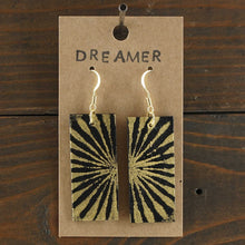 Load image into Gallery viewer, Large, lightweight, rectangle statement earrings. Sunburst hand painted in black and gold. Made from recycled paper.
