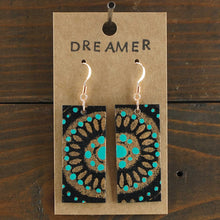 Load image into Gallery viewer, Large, lightweight, rectangle statement earrings. Handmade and hand painted in turquoise, black and copper. Southwestern inspired. Made from recycled paper.
