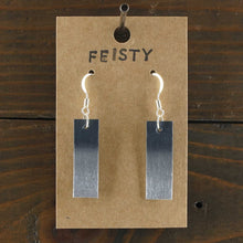 Load image into Gallery viewer, Lightweight, rectangle dangle earrings. Handmade and hand painted gradient in slate and silver. Made from recycled paper.
