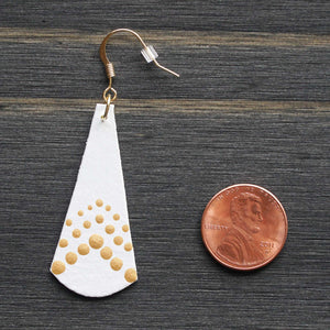 Lightweight dangle earrings made from recycled chipboard, hand painted in white and gold, and made with gold ear wire.
