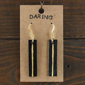 Lightweight, rectangle, handmade statement earrings. Hand painted in black and gold. Clean lines. Made from recycled paper.