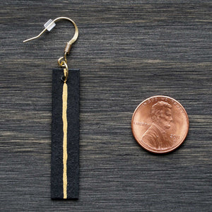 Rectangle dangle earrings made from recycled chipboard, hand painted in black and gold, and made with gold ear wire.