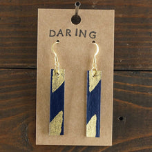 Load image into Gallery viewer, Large, lightweight, rectangle dangle earrings. Handmade and hand painted in navy blue and gold. Made from recycled paper.
