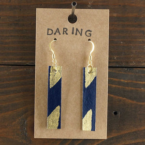 Large, lightweight, rectangle dangle earrings. Handmade and hand painted in navy blue and gold. Made from recycled paper.