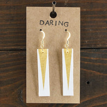 Load image into Gallery viewer, Large, lightweight, rectangle statement earrings. Handmade and hand painted in white and gold. Clean lines. Made from recycled paper.
