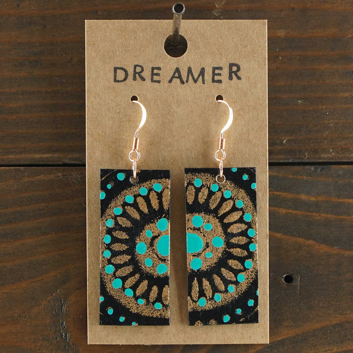 Large, lightweight, rectangle statement earrings. Handmade and hand painted in turquoise, black and copper. Southwestern inspired. Made from recycled paper.