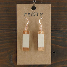 Load image into Gallery viewer, Lightweight, rectangle dangle earrings. Handmade and hand painted in beige and copper. Clean lines design. Made from recycled paper.
