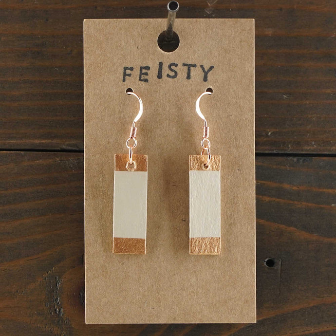 Lightweight, rectangle dangle earrings. Handmade and hand painted in beige and copper. Clean lines design. Made from recycled paper.