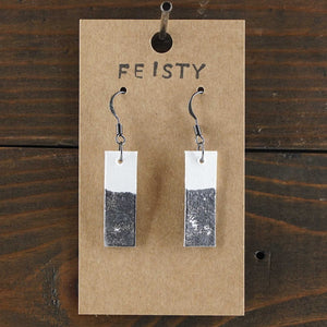 Lightweight, rectangle dangle earrings. Handmade and hand painted in white and pewter. Made from recycled paper.