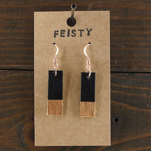 Load image into Gallery viewer, Lightweight, rectangle dangle earrings. Handmade and hand painted in black and copper. Clean lines design. Made from recycled paper.
