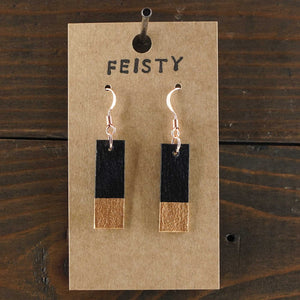 Lightweight, rectangle dangle earrings. Handmade and hand painted in black and copper. Clean lines design. Made from recycled paper.