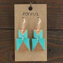 Load image into Gallery viewer, Lightweight, two-tiered, square dangle earrings. Handmade and hand painted in turquoise and copper. Clean lines design. Made from recycled paper.
