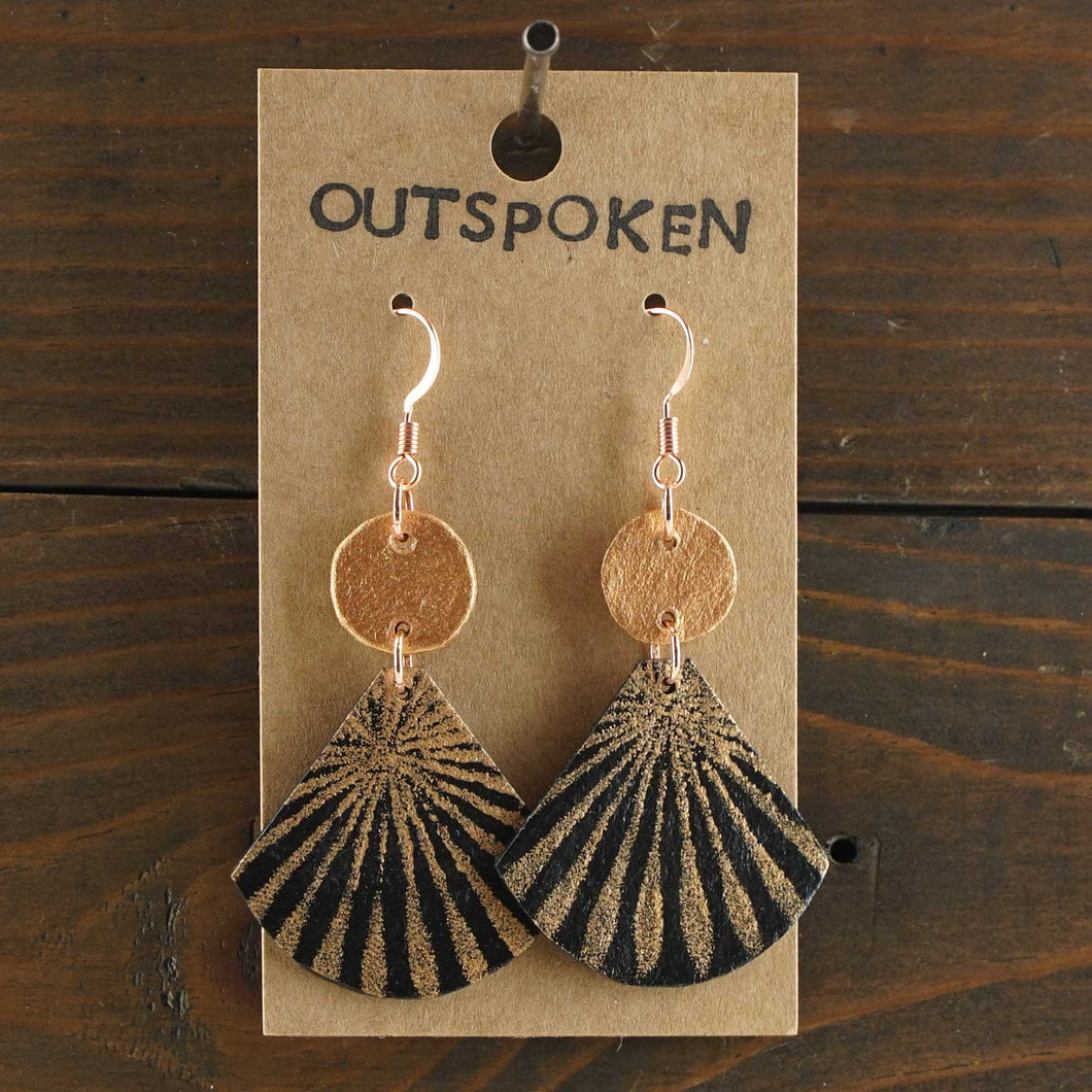Large, lightweight, geometric statement earrings. Handmade and hand painted in black and copper. Made from recycled paper.