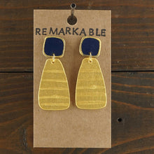 Load image into Gallery viewer, Lightweight, dangle earrings. Handmade and hand painted in navy blue and gold.  Made from recycled paper.
