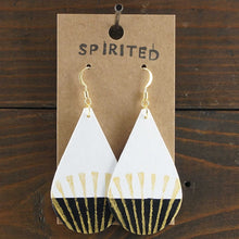 Load image into Gallery viewer, Large, lightweight teardrop earrings. Handmade and hand painted in black, white and gold. Made from recycled paper.
