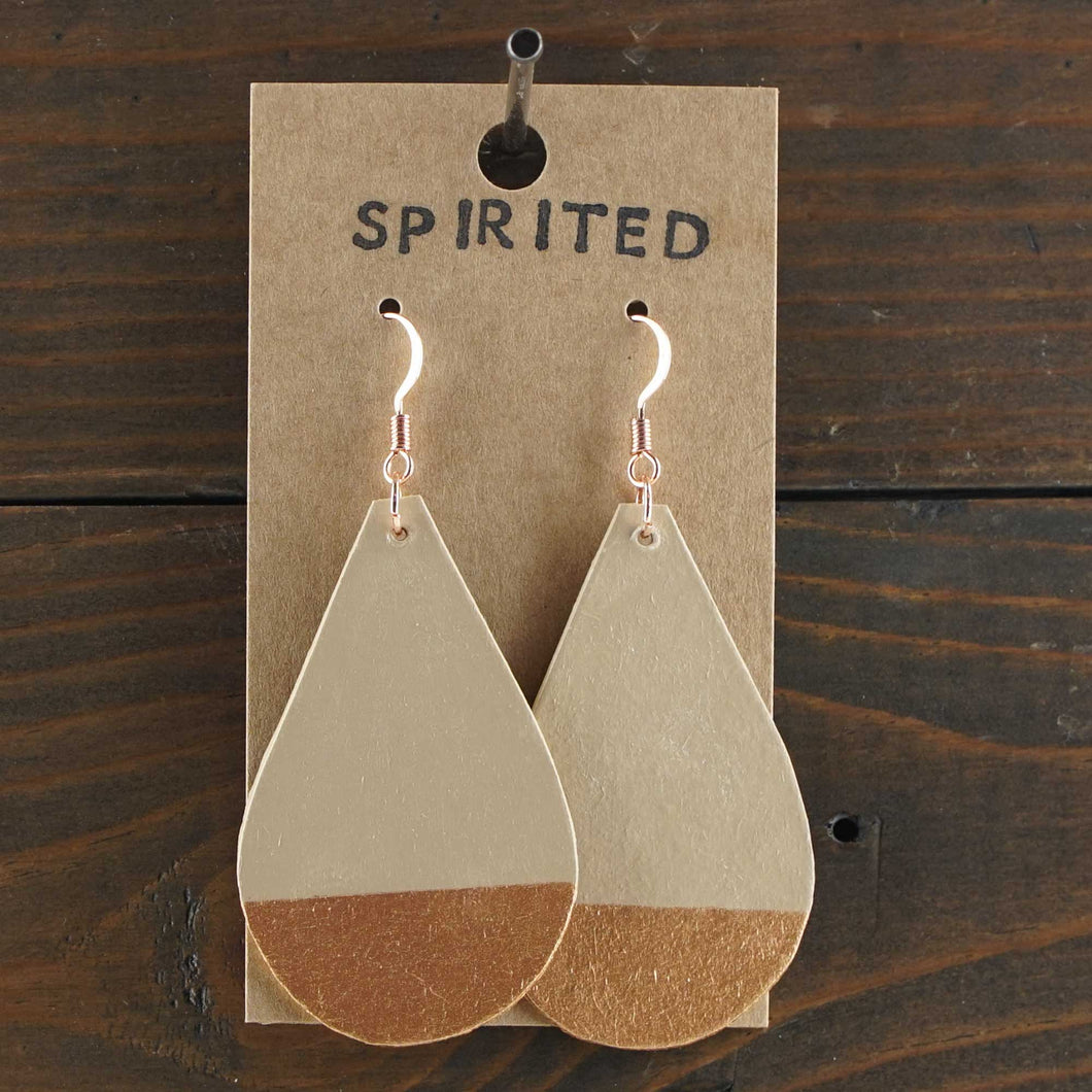 Large, lightweight teardrop earrings. Handmade and hand painted in tan and copper. Made from recycled paper.