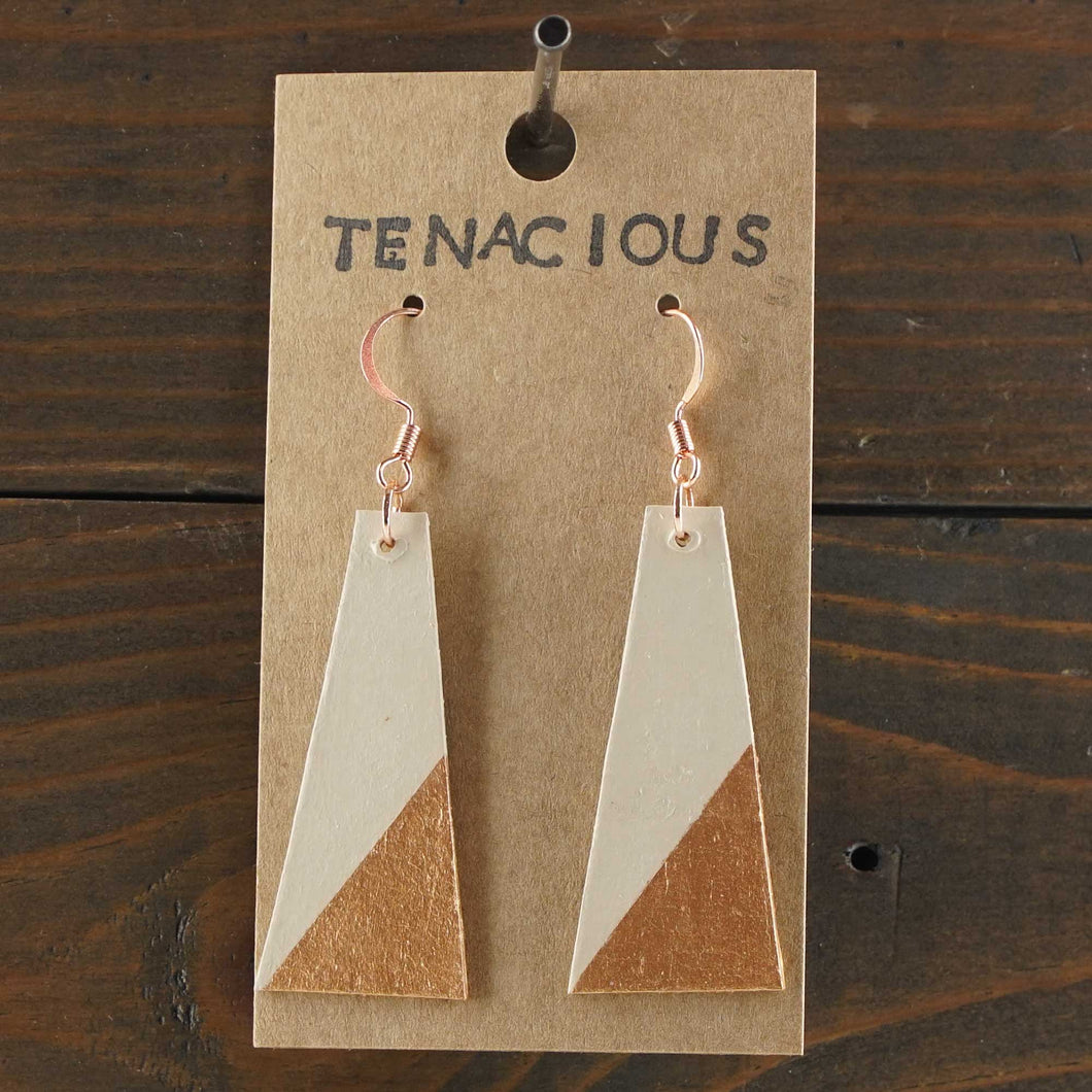 Large, lightweight triangle earrings. Handmade and hand painted in beige and copper. Made from recycled paper.