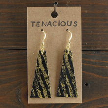 Load image into Gallery viewer, Large, lightweight triangle earrings. Handmade and hand painted in black and gold Made from recycled paper.
