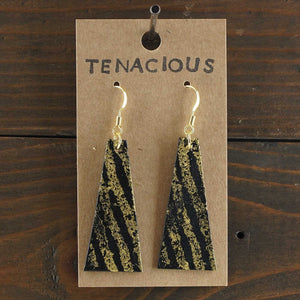 Large, lightweight triangle earrings. Handmade and hand painted in black and gold Made from recycled paper.
