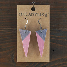 Load image into Gallery viewer, Lightweight, triangle dangle earrings. Handmade and hand painted in rose pink and pewter. Retro design. Made from recycled paper.
