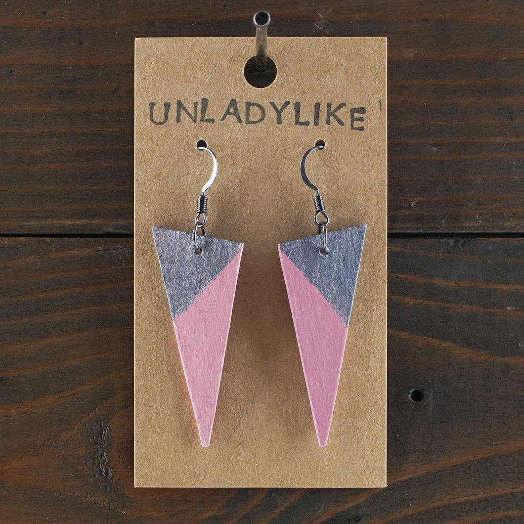 Lightweight, triangle dangle earrings. Handmade and hand painted in rose pink and pewter. Retro design. Made from recycled paper.