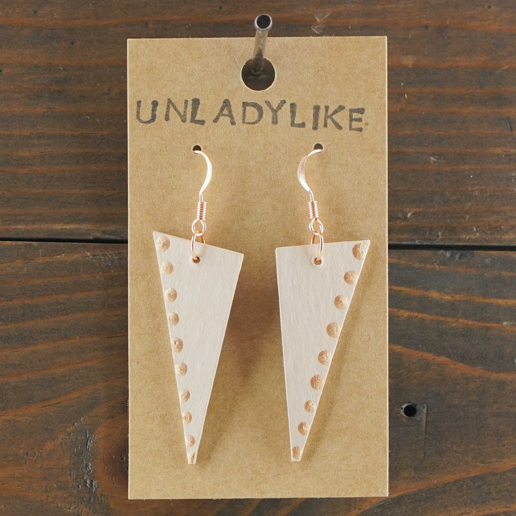 Large, lightweight, upside down, triangle earrings. Handmade and hand painted in beige and copper. Made from recycled paper.