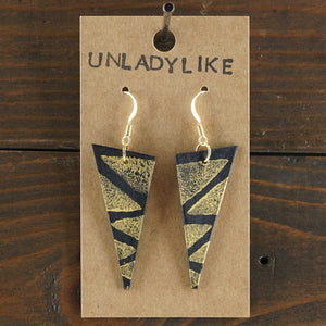 Large, lightweight, upside down, triangle earrings. Handmade and hand painted in black and gold. Made from recycled paper.