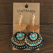 Load image into Gallery viewer, Large, lightweight, geometric earrings. Handmade and hand painted in turquoise, black and copper. Southwestern inspired design. Made from recycled paper.
