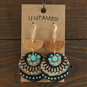 Large, lightweight, geometric earrings. Handmade and hand painted in turquoise, black and copper. Southwestern inspired design. Made from recycled paper.
